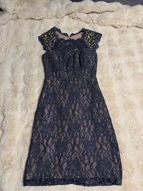 Navy Lace Embellished Cap-Sleeve Sheath Dress